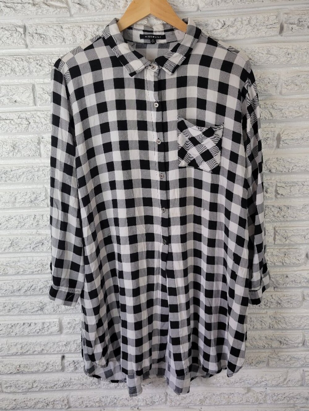 Miss Lili Women's 3X Black White Plaid Button Up Top Roll Tab Sleeve PLA49E